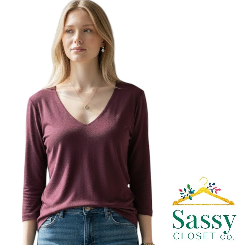 ANTHROPOLOGIE Wine Red Burnout Sheer V Back Top L 3/4 Sleeve Tee USA EUC